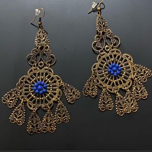 Gold and blue beaded dangle earrings